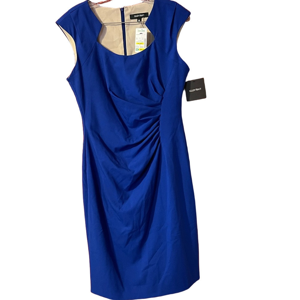 Ellen Tracy Blue Ruched Cowl Neck Sheath Midi Dress 10